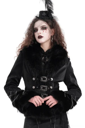 Black Victorian Gothic jacket with faux fur collar and chain buckles - front view on model with dramatic goth makeup