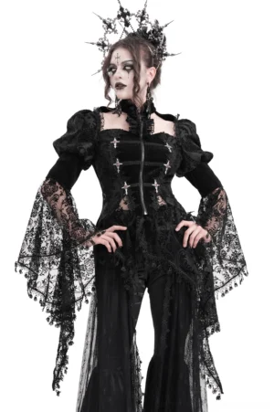 Black Victorian gothic lace corset blouse with bell sleeves and cross zipper fasteners, front full-body view on goth model with crown