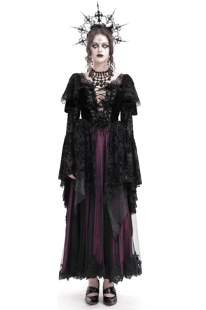 Black Victorian gothic lace maxi dress with ruffled bell sleeves, burgundy two-tone accents, fitted corset bodice, and layered lace skirt front view on model
