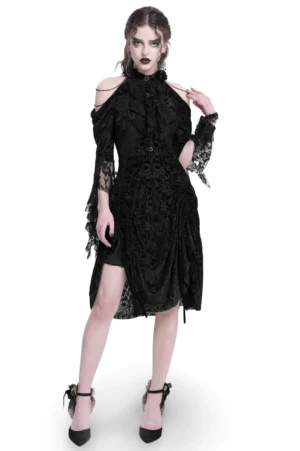 Black Victorian Gothic lace dress with cold-shoulder design and ruffled neckline, front three-quarter view