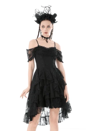 Black Victorian gothic high-low lace dress with off-shoulder flutter sleeves and asymmetrical sheer hem, front full-body view