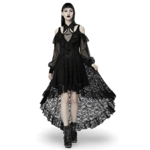 Black Victorian gothic lace maxi dress with cold-shoulder design and sheer lantern sleeves, front three-quarter view on model