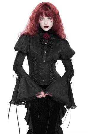 Black Victorian Gothic Lace-Up Bell Sleeve Blouse Front View - Red-Haired Model in Studio