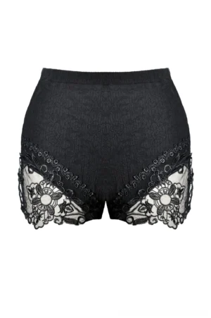 Black Victorian high-waist gothic shorts with floral lace embroidery and sheer mesh panels - front view flat lay