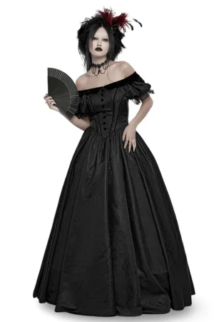 Black Victorian off-shoulder jacquard ball gown front view with textured fabric and bubble sleeves