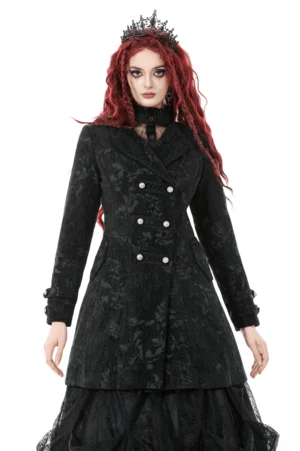 Black Victorian jacquard long coat with silver buttons on model – front full-body view showcasing double-breasted design and fitted waist silhouette