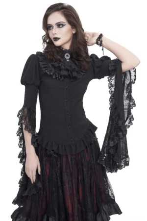 Black Victorian lace blouse with dramatic ruffled stand collar and flared bell sleeves, front view on model