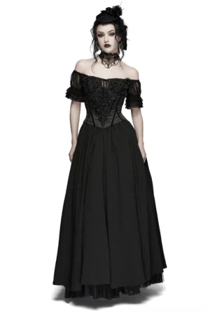 Black Victorian lace corset maxi dress front view - off-shoulder ruffle sleeves and structured corset bodice on model