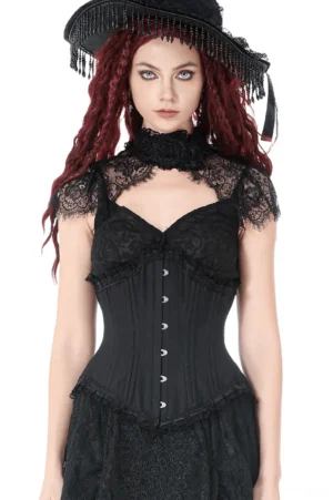 Black Victorian underbust corset front view on model with long red curly hair, featuring lace cap sleeves and metal front fasteners