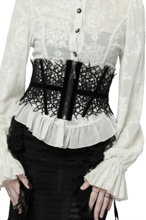 Black vine lace corset belt with metal zipper worn by model, front view showing hollow branch lace pattern and front zipper closure