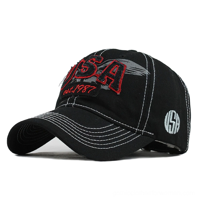 Black washed denim gothic baseball cap with red embroidered USA logo, dark alternative streetwear