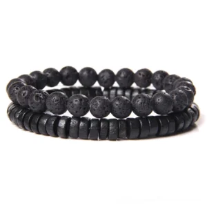 Black lava stone beaded bracelet style 2 with porous volcanic rock texture - raw gothic charm bracelet for men and women