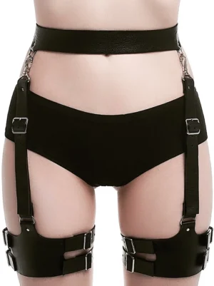 Close-up front view of black leather waist garter belt featuring dual straps and adjustable silver buckles on female torso