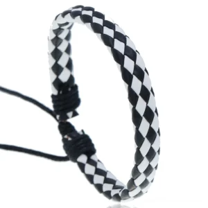 Black and white checkerboard braided leather gothic bracelet, handcrafted punk style with adjustable cord