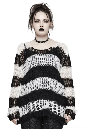 Distressed black and white striped gothic mohair pullover front view worn by model with alternative style makeup