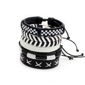Black and white gothic leather bracelet set of 5 pieces featuring geometric patterns including cross-stitch and chevron designs