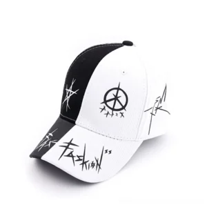 Black and white patchwork graffiti baseball cap with two-tone gothic punk design and adjustable strap