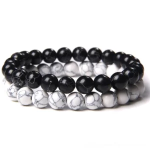 Black and white veined natural stone beaded bracelet, dual-strand gothic minimalist design, flat lay overhead view
