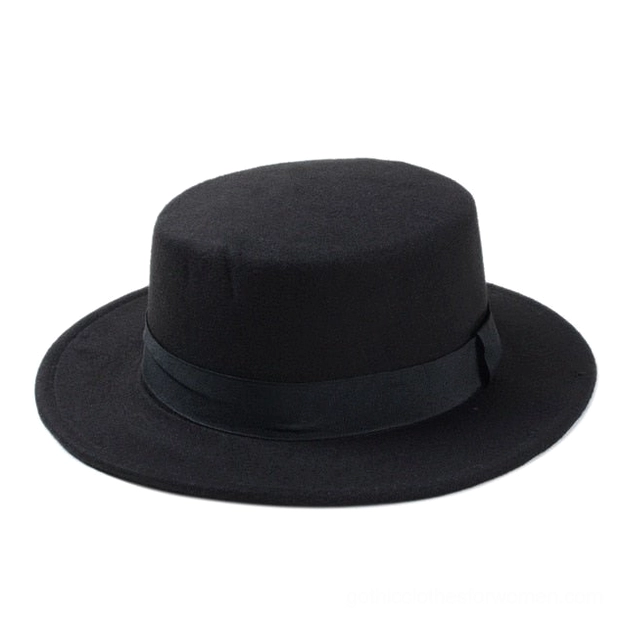 Black wool felt gothic gambler fedora with flat crown and ribbon band, overhead front view