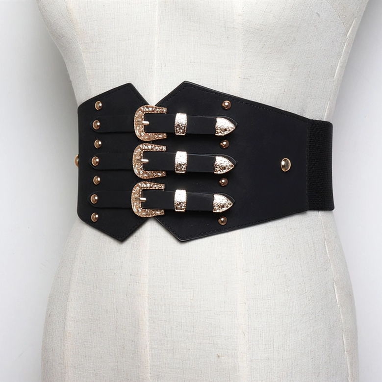 Black PU leather gothic corset belt detailed front view with triple plain gold buckles and rivets on mannequin