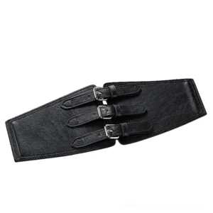 Black faux leather wide corset belt side view showing adjustable buckle straps and structure