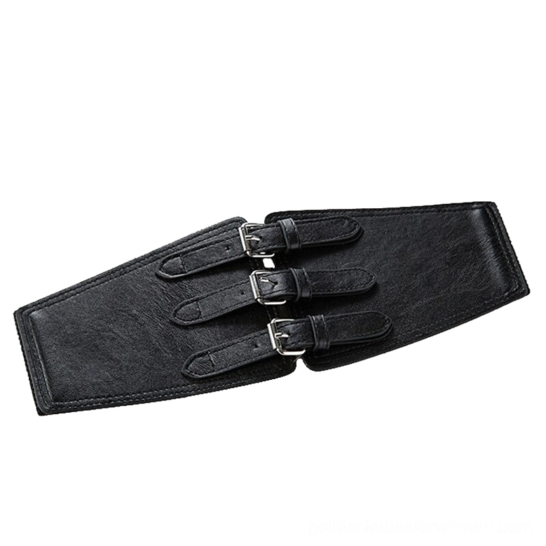 Black faux leather wide corset belt side view showing adjustable buckle straps and structure