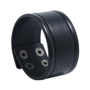 Black wide genuine leather gothic cuff bracelet with metal snap adjusters, front oblique studio view