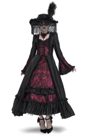 Black and wine red gothic lace maxi dress front full view with bell sleeves and ruffled hem on female model