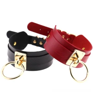 Black and wine red PU leather bondage chokers with gold tone metal rings, gothic choker comparison view