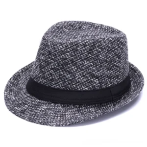 Black wool fedora hat with black ribbon band, three-quarter side view showing textured fabric and structured brim