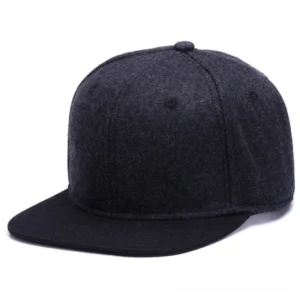 Solid black wool snapback flat brim baseball cap side front view minimalist gothic style