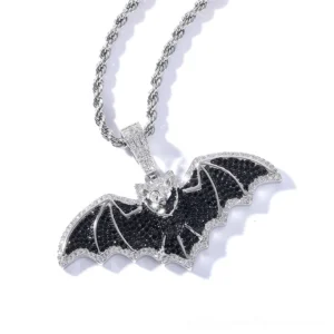 Black pavé zircon bat pendant with silver metal border and twisted rope chain, featuring intricate wing details in gothic jewelry style
