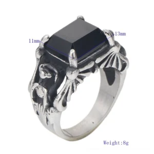 Black zircon gothic ring front view showing square gemstone dimensions 11x13mm, weight 8g, vintage carved metal setting with detailed measurements