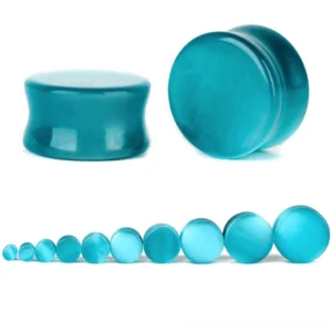 Blue cats eye stone ear gauges in teal blue color displayed from side and front view on white background, showing hourglass shaped double-flared structure