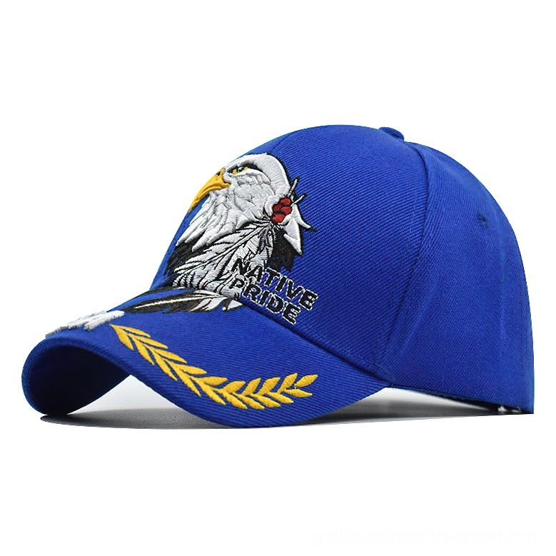 Royal blue gothic baseball cap with bald eagle embroidery and native pride design detail