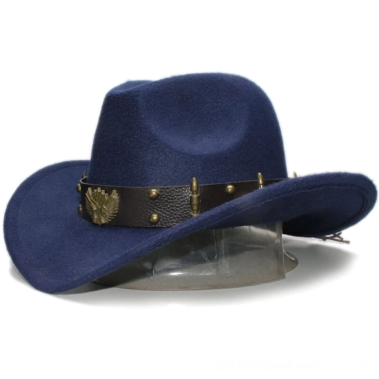 Navy blue gothic fedora cowboy hat with bullet and stud trimmed leather band - tilted display