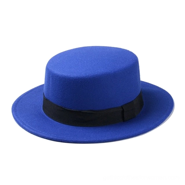 Royal blue felt gothic gambler fedora hat with wide flat brim, overhead view