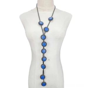 Blue matte round Y-shaped gothic pendant necklace with elasticated black rubber rope, featured on white dress form