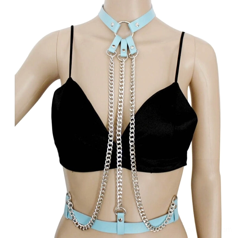 Electric blue leather body harness with silver chains and O-ring neckline