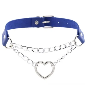 Blue leather heart choker with metal chains and adjustable buckle - gothic chain necklace for women