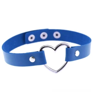 Blue PU leather heart choker necklace with silver heart detail and link chain construction on white background
