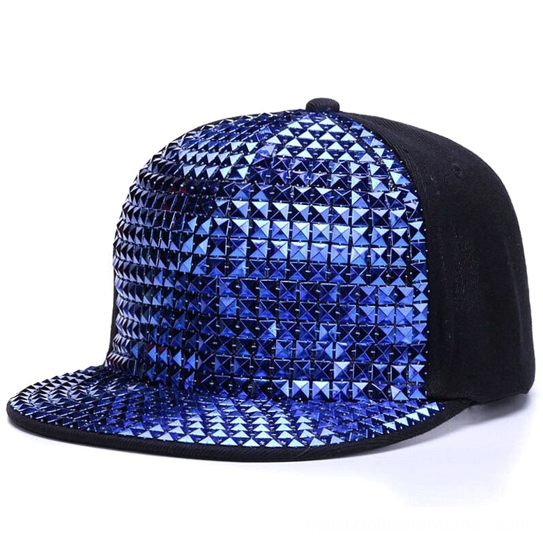 Blue pyramid stud snapback cap front three-quarter view with bright blue metallic studs on black panels