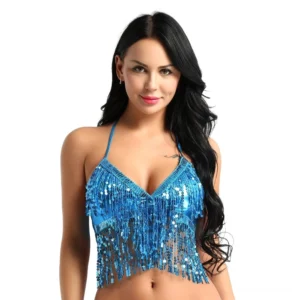 Electric blue sequin halter crop top with fringe trim front view on model