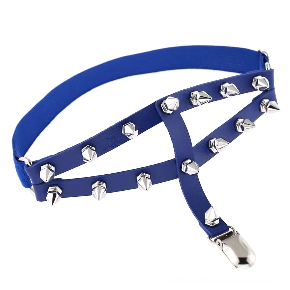 Royal blue spiked thigh garter with silver pyramid studs and stocking clip attachment