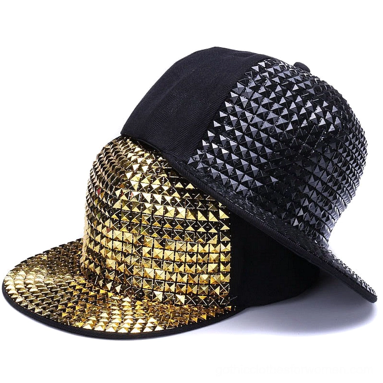 Blue pyramid stud snapback cap back and side view revealing full stud coverage pattern