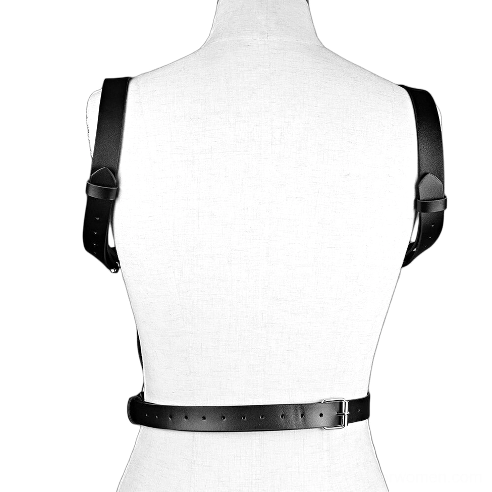 Black chest harness rear view on mannequin displaying single shoulder straps and adjustable back buckle
