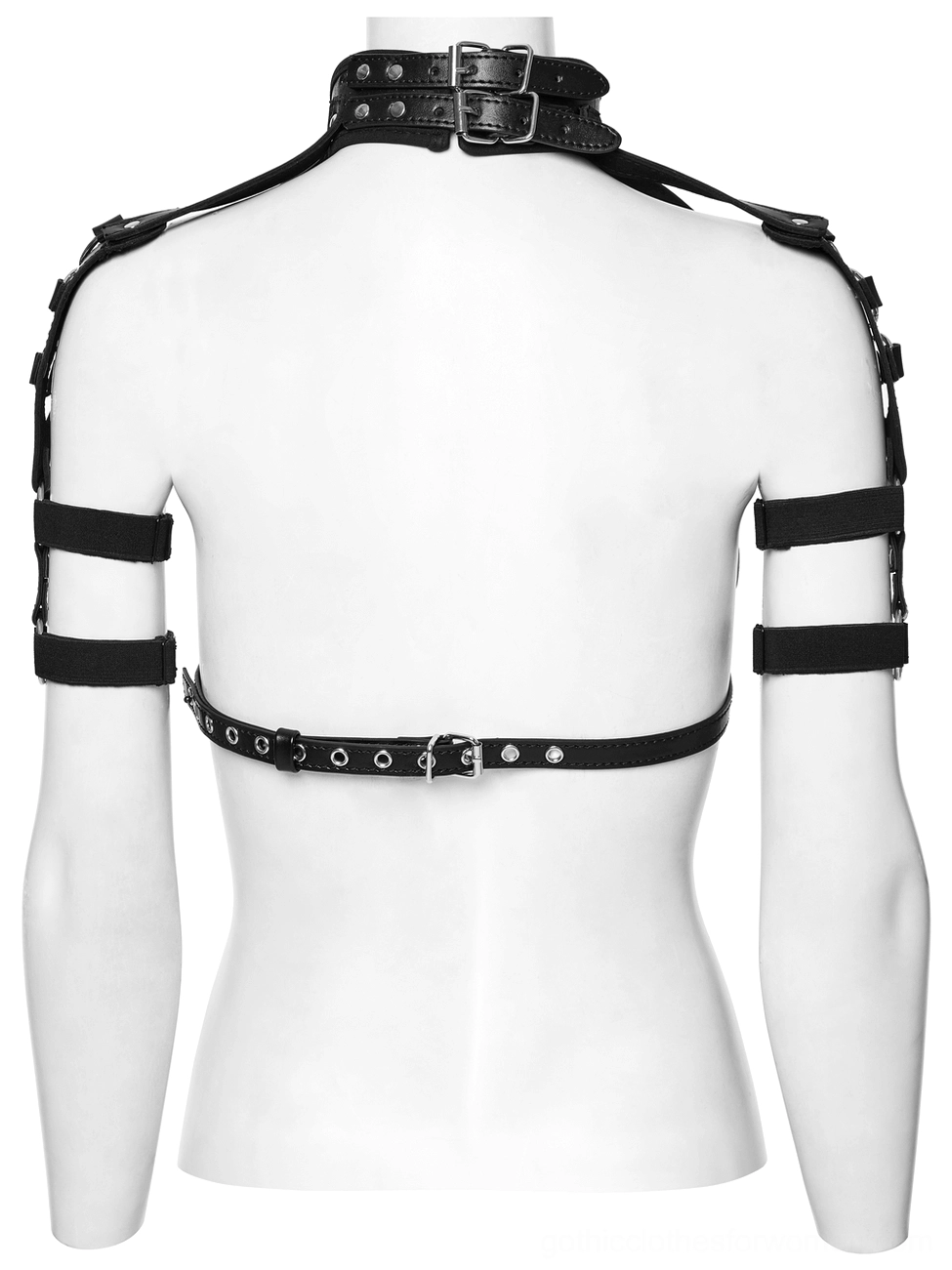 Back view of black body harness on mannequin showing adjustable back buckle straps and full shoulder harness structure