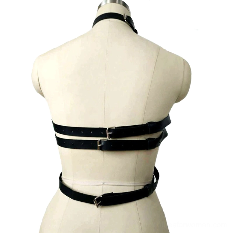 Black leather harness rear view showing adjustable buckle straps and multi-layer waist belt system