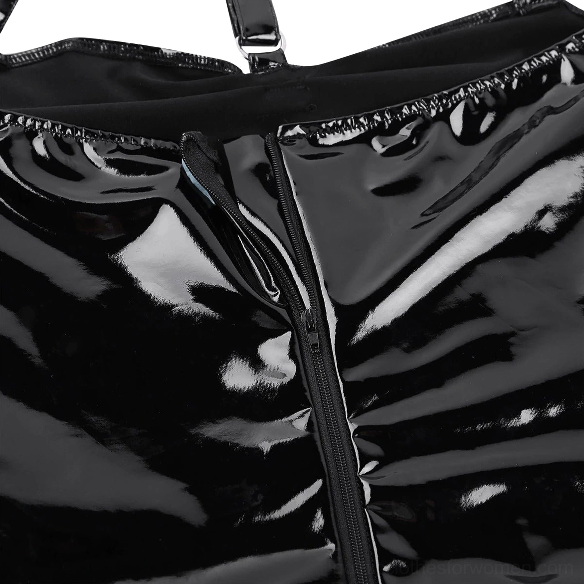 Black patent leather bodysuit center zipper detail - glossy hardware top view gothic