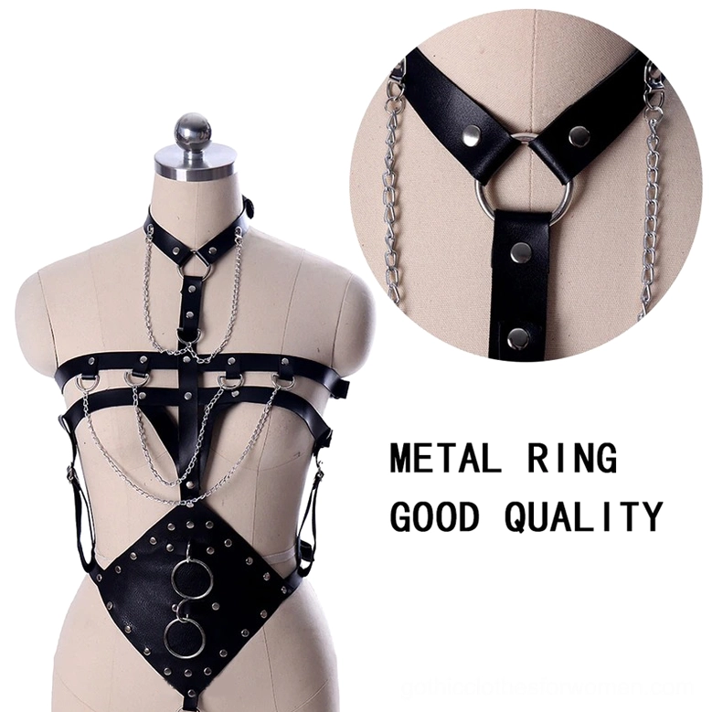 Back view of black PU leather bondage waist harness strap set with multi-layer straps and buckle closures, gothic women's harness rear detail